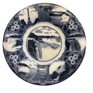 Niagara Falls souvenir plate vintage ceramic porcelain rolled rim flow blue FLAW